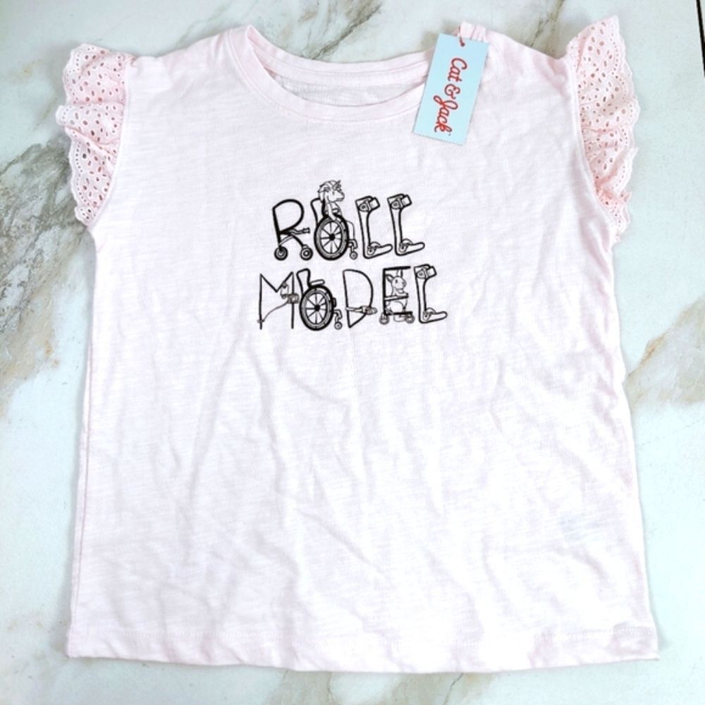 NWT Cat & Jack Girls' Pink 'Roll Model' Eyelet Lace Short Sleeve T-shirt, S(6/7)
